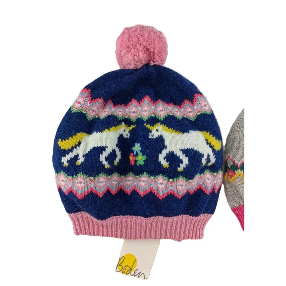 Mini Boden Unicorn Hedgehog Knit Beret Hat Lot Sz Medium Pom Girls Cap Navy Pink